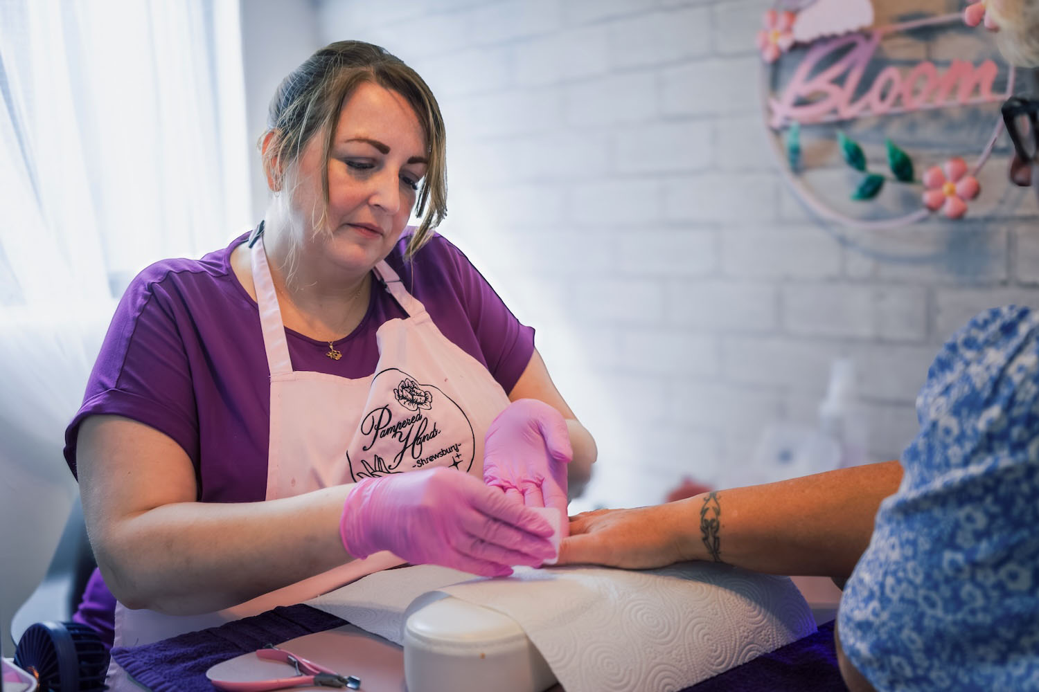 Karen from Pampered Hands based at Sargeants Hair & Beauty Salon in Shrewsbury providing expert manicure nail treatment